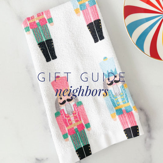 gift guide for holiday neighbor gifts, preppy nutcracker pattern towel