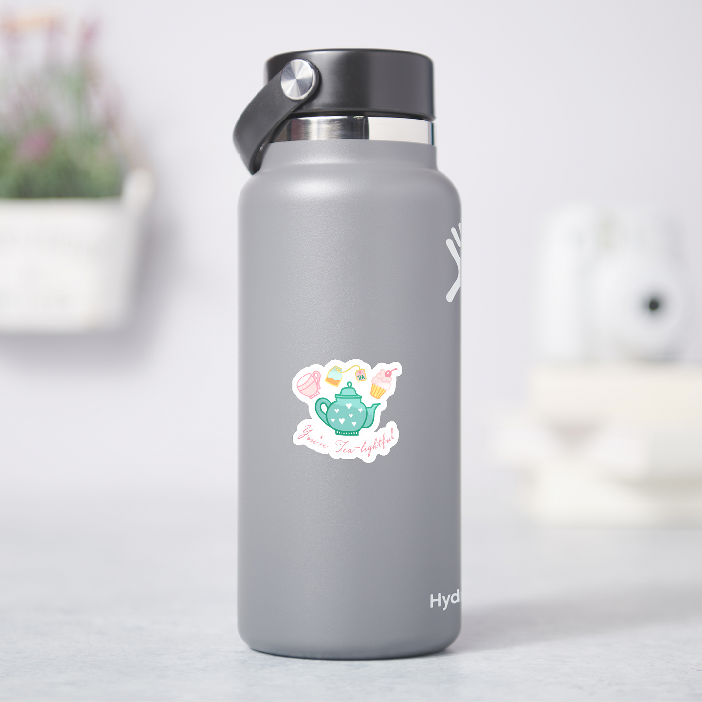 tea-lightful, tea pun, decorative sticker, tea pot, tea cup, cupcake, tea bag, hydroflask water bottle