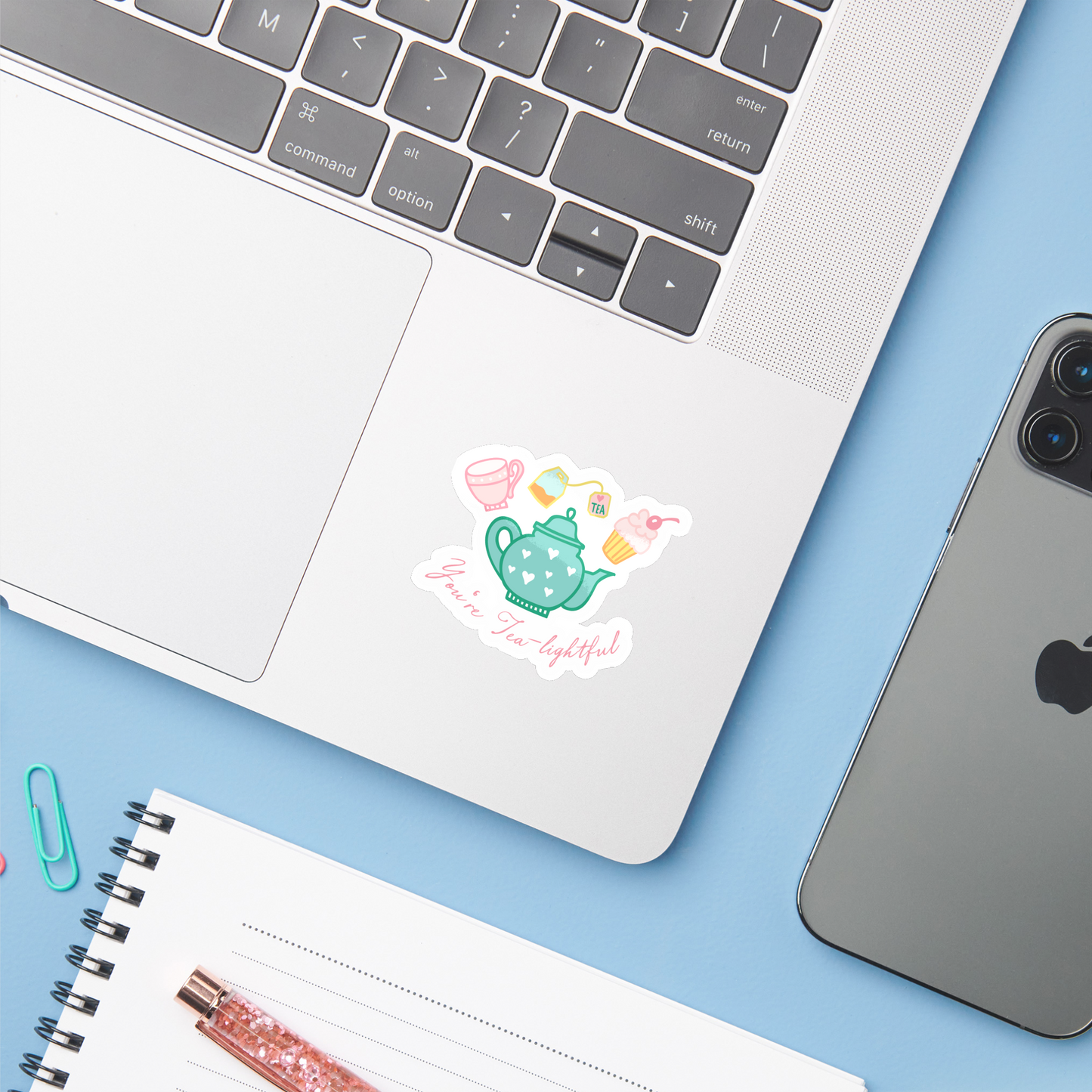You're tea-lightful sticker on a laptop, turquoise tea pot with hearts, pink tea cup, tea bag, pink cupcake, tea pun