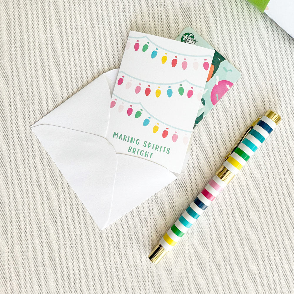 making spirits bright mini greeting card, rainbow christmas tree lights, gift card holder