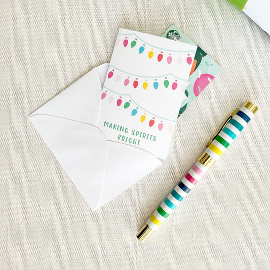 making spirits bright mini greeting card, rainbow christmas tree lights, gift card holder