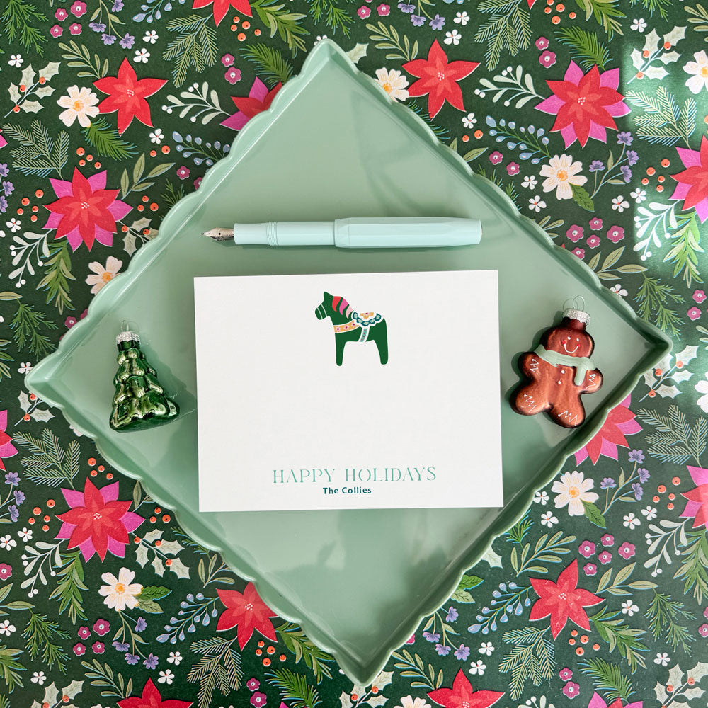 emerald green christmas dala horse personalized holiday stationery