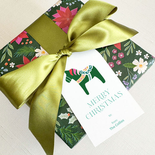 emerald green christmas holiday dala horse, personalized gift tag, arched gift tag