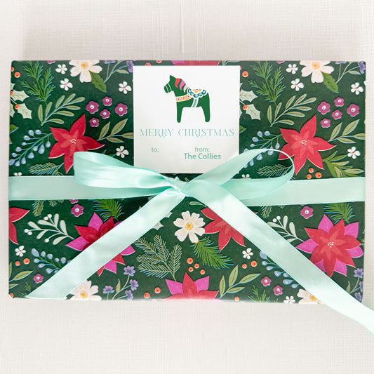 emerald green Christmas Dala horse, personalized holiday gift stickers