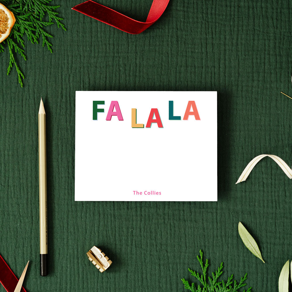 fa la la drop shadow jewel tone christmas color palette, personalized holiday stationery note cards