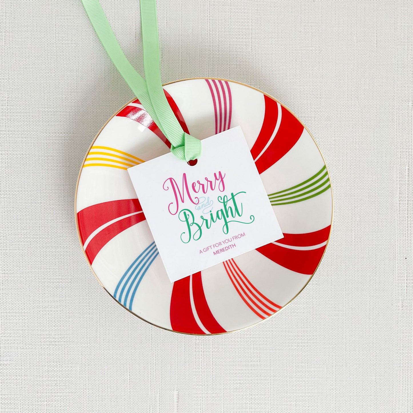 merry and bright script, personalized christmas gift tags, bright colors