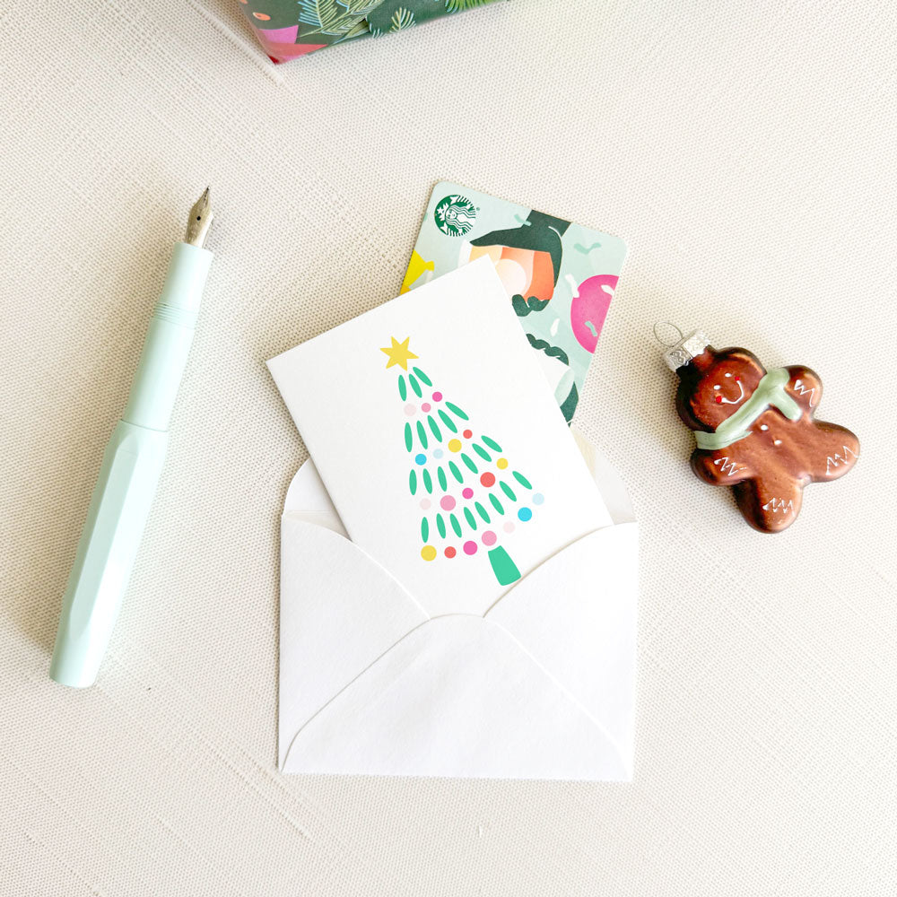 modern christmas tree with rainbow lights, merry christmas greeting, folded enclosure cards, mini greeting cards, gift card enclosure