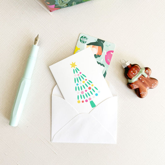 modern christmas tree with rainbow lights, merry christmas greeting, folded enclosure cards, mini greeting cards, gift card enclosure