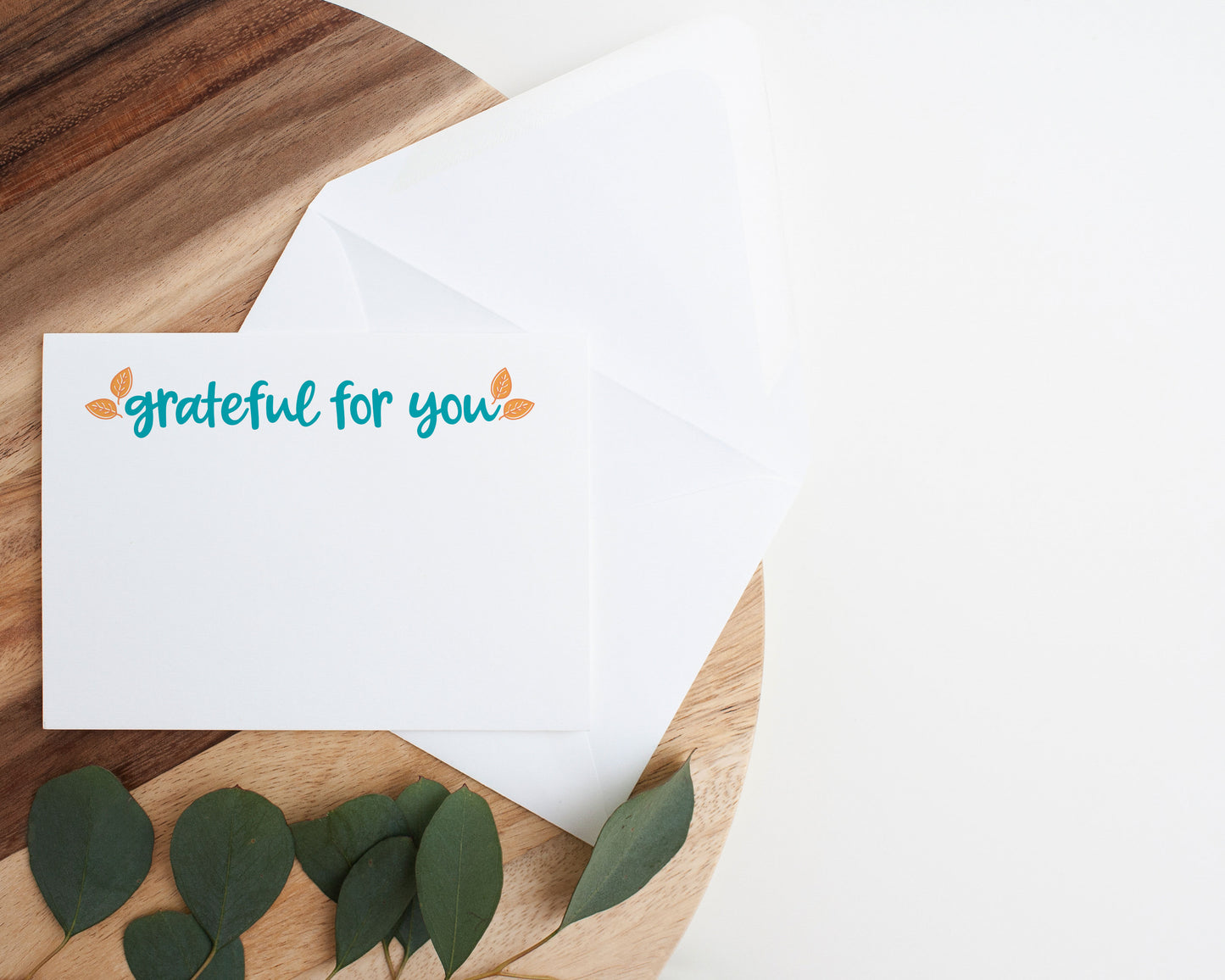 grateful for you. flat note card set, gratitude notes, orange fall leaves, turquoise whimsical cursive text