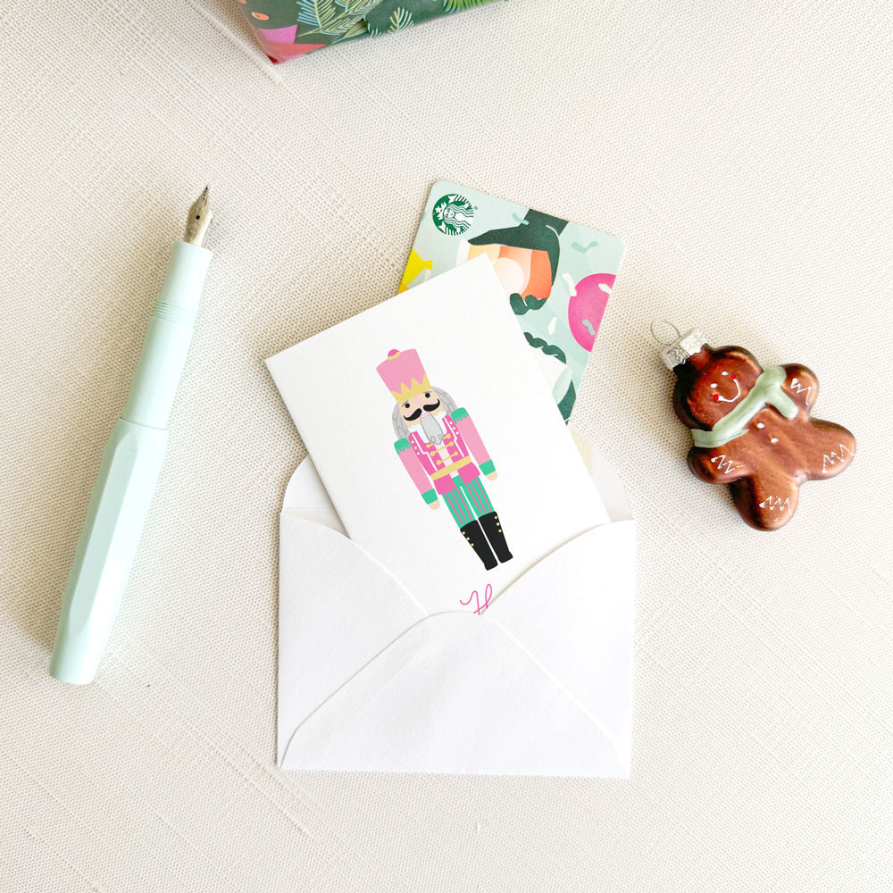 pink preppy nutcracker, mini greeting card, folded enclosure card, happy holidays, gift card holder