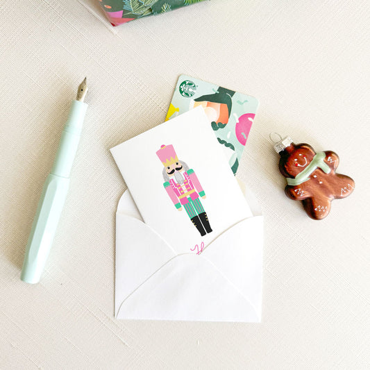 pink preppy nutcracker, mini greeting card, folded enclosure card, happy holidays, gift card holder