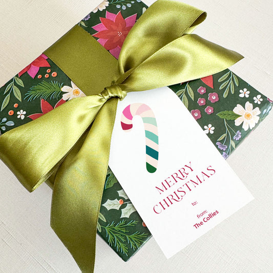 vintage retro christmas candy cane, merry christmas, personalized set of arched gift tags