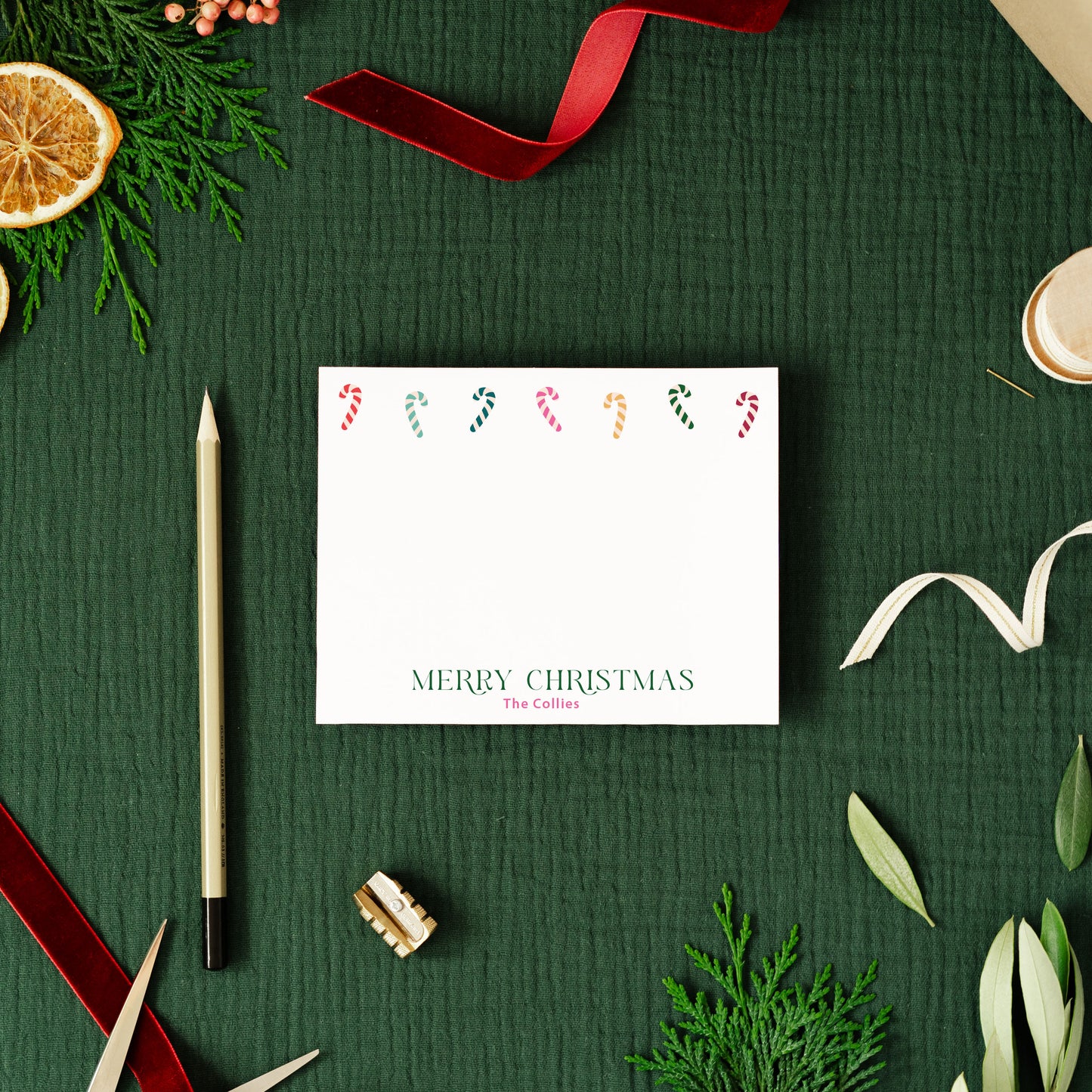 retro candy cane personalized christmas stationery,