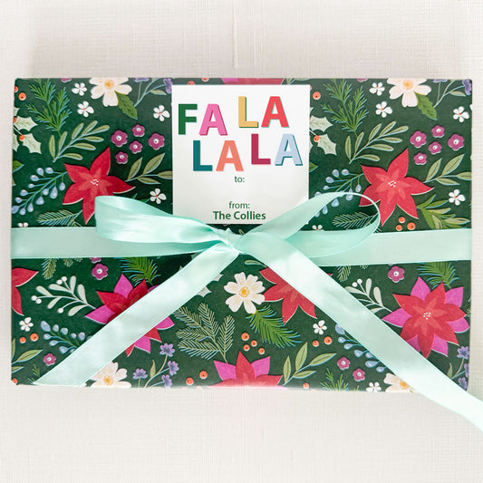 retro fa la la personalized holiday gift stickers, drop shadow typography, jewel tone christmas color palette