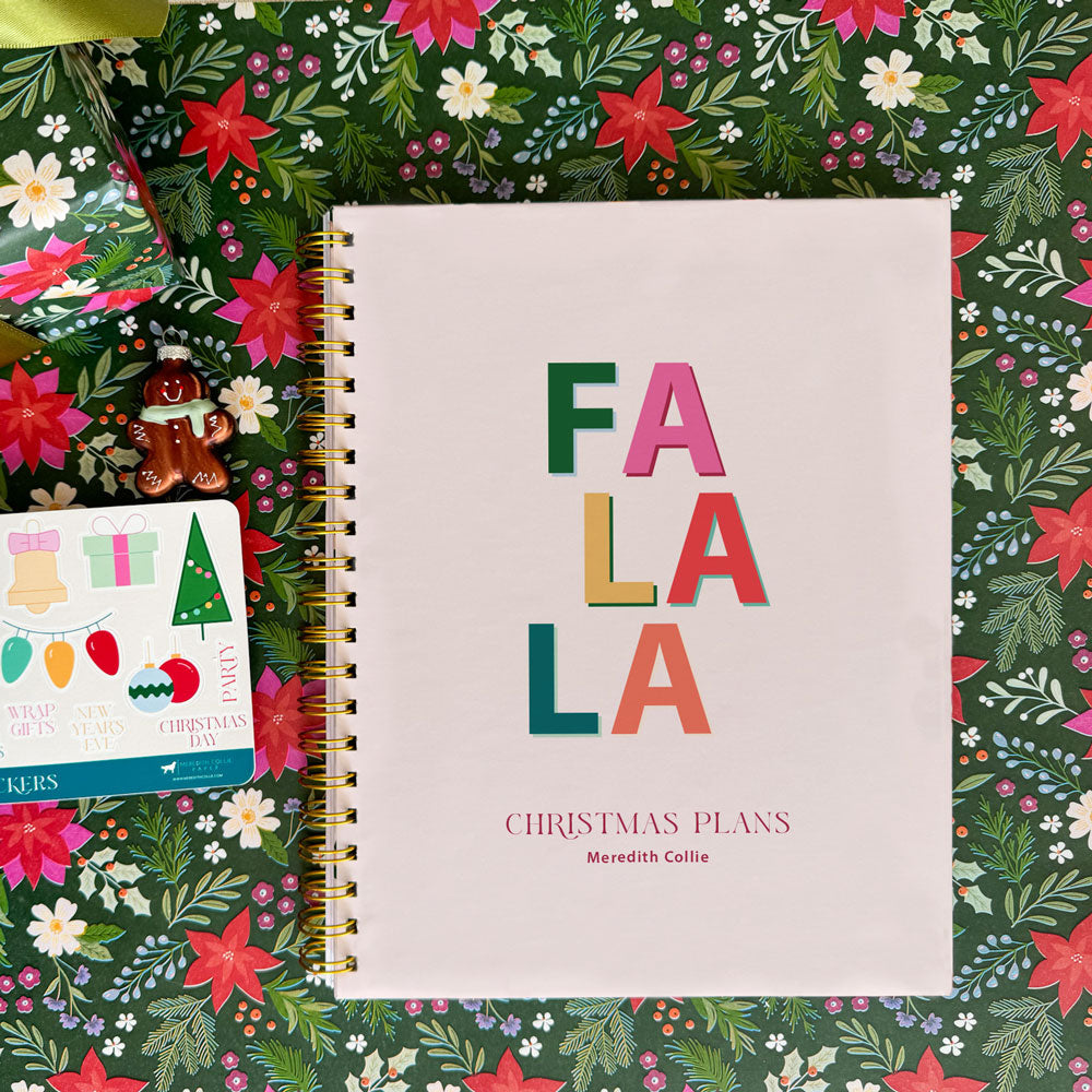 jewel tone modern drop shadow typography, Fa La La, Personalized Christmas holiday planner, 5 year, hardback cover, gold coil binding