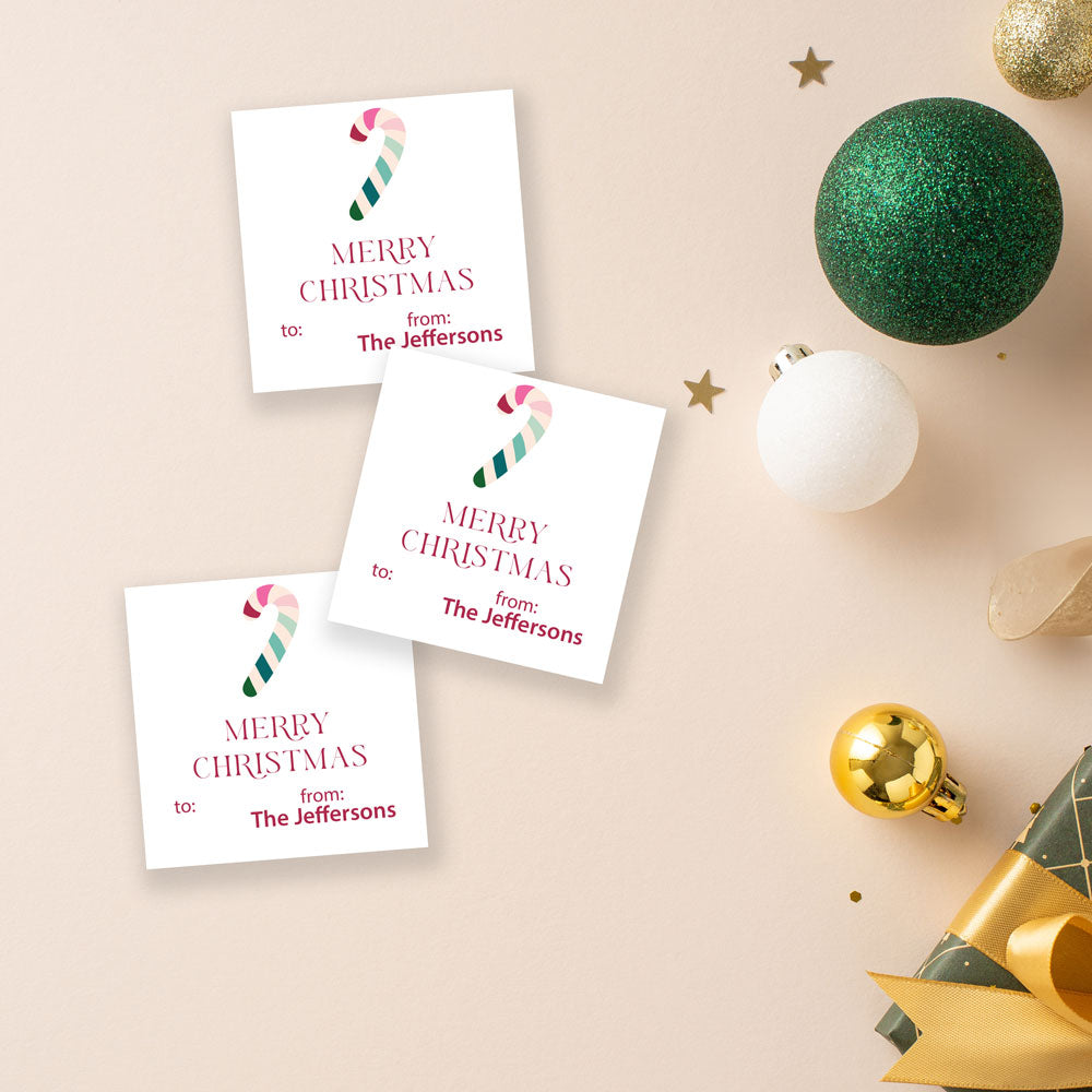 Retro Rainbow Candy Cane Personalized Holiday Gift Stickers