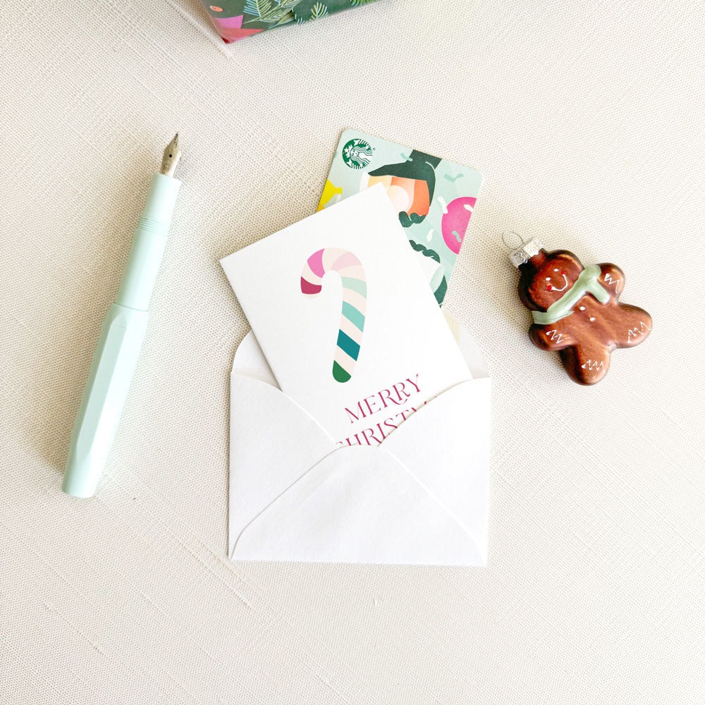 vintage rainbow candy cane, christmas folded enclosure card, gift card holder, jewel tone holiday color palette