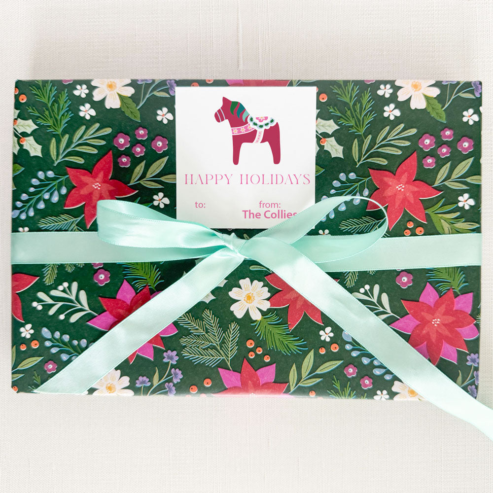 ruby red Christmas Dala horse, personalized holiday gift stickers