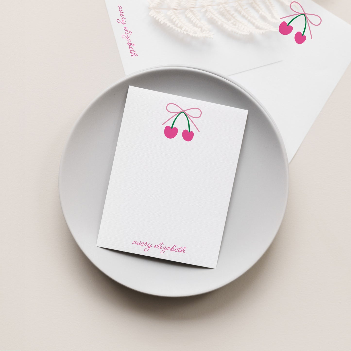 sweet cherries with a light pink bow personalized stationery for teens and tweens