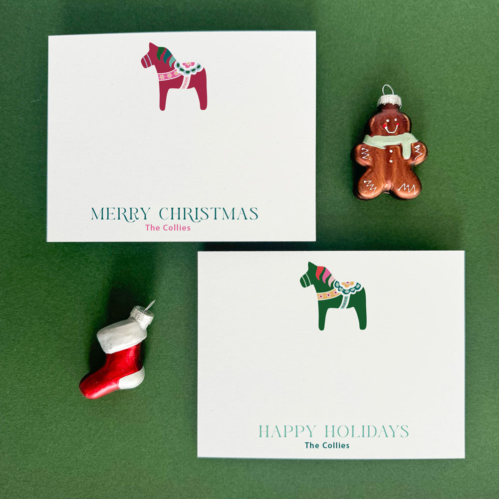 Personalized Jewel Tone Christmas Dala Horse Holiday Stationery