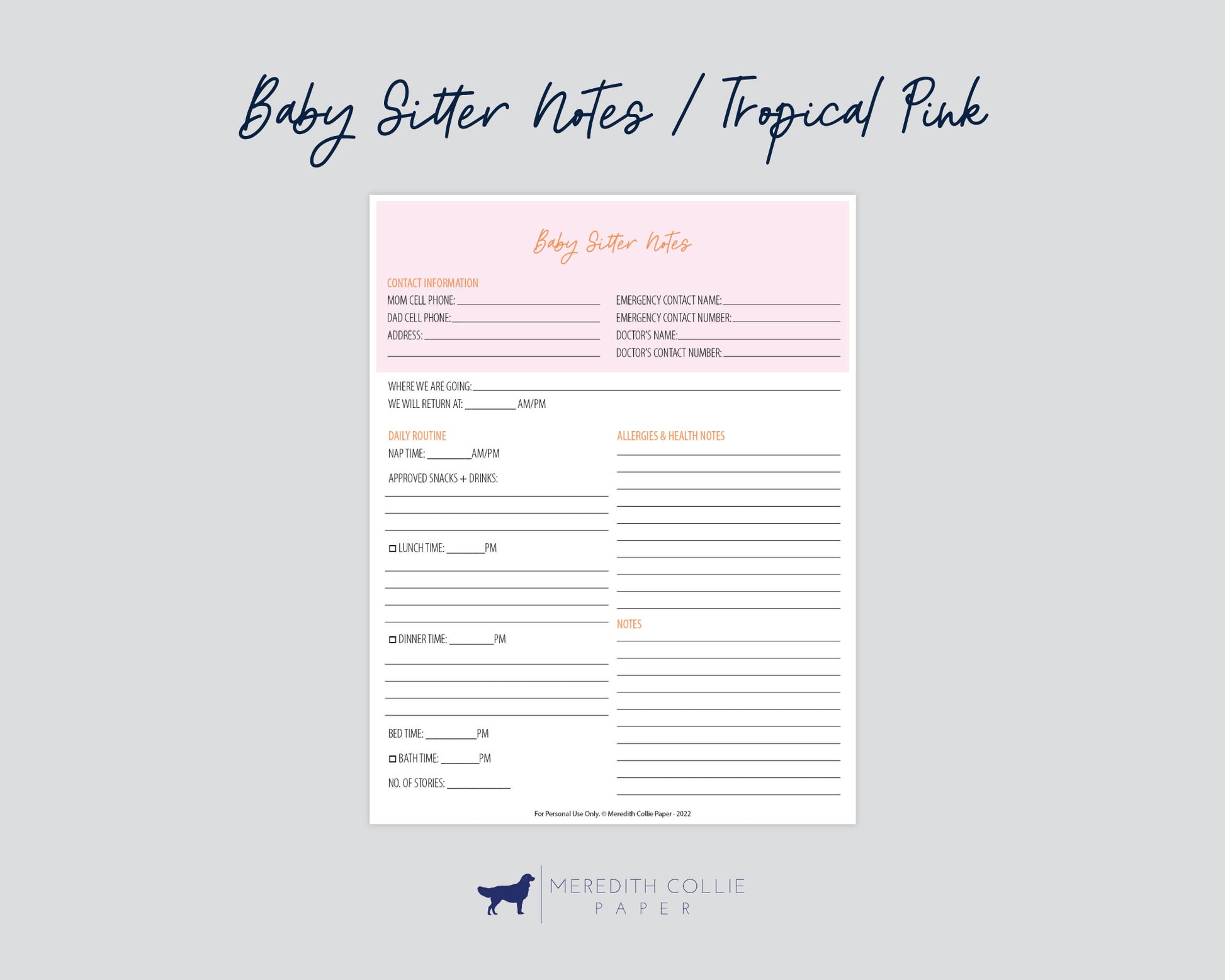 baby sitter notes, tropical pink, digital download, Meredith Collie paper