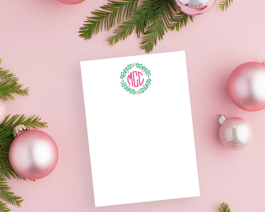 Circle Christmas Wreath Holiday Monogram Flat Stationery