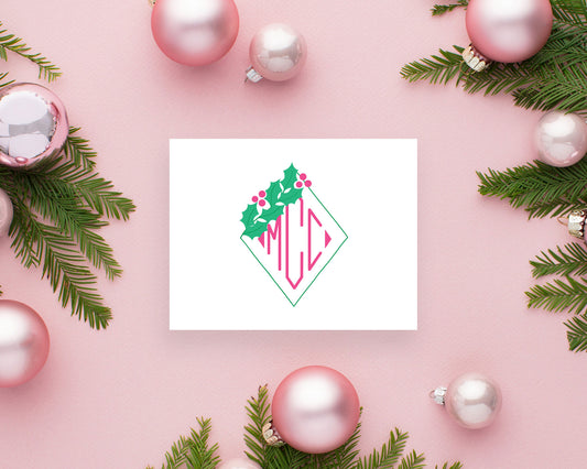 Diamond Holly Branch Holiday Monogram Folded Stationery