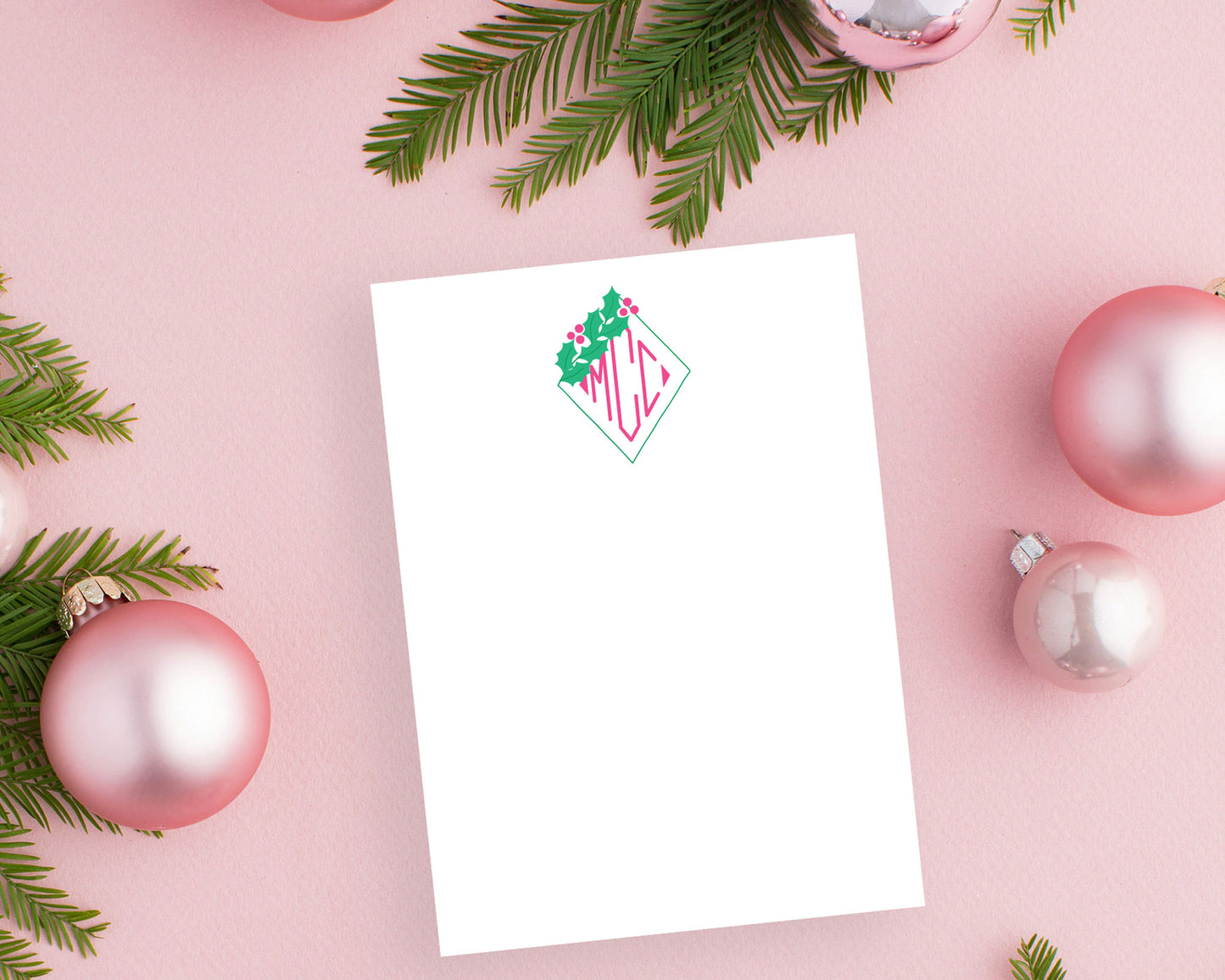 Diamond Holly Branch Holiday Monogram Flat Stationery