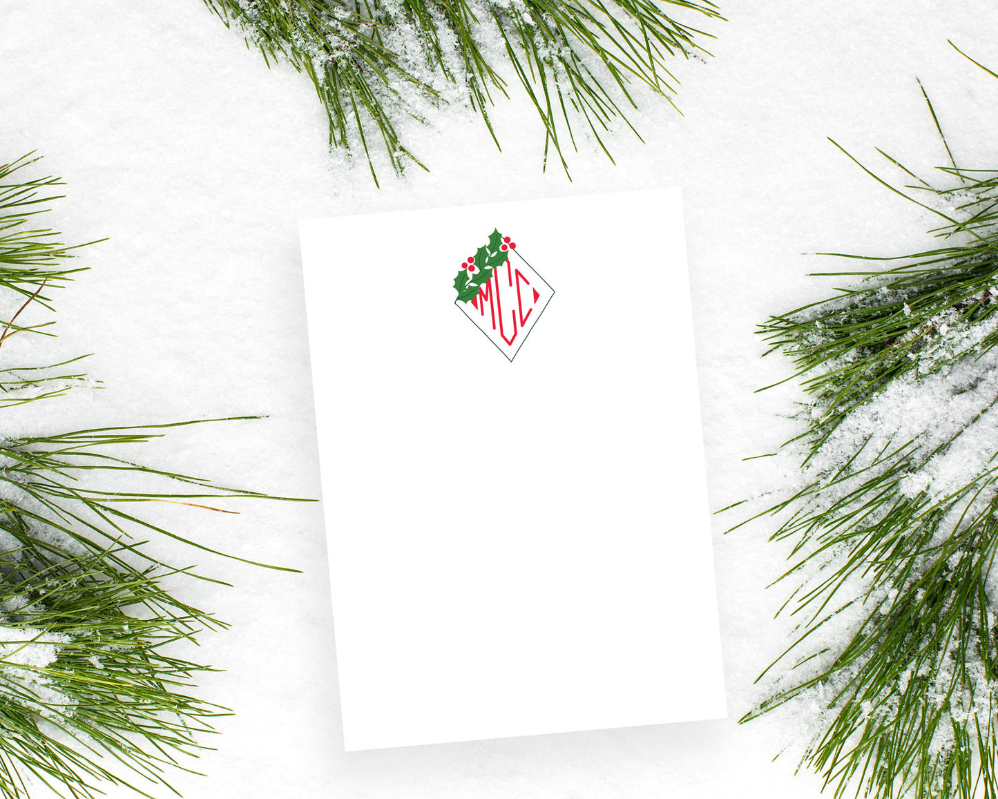 Diamond Holly Branch Holiday Monogram Flat Stationery