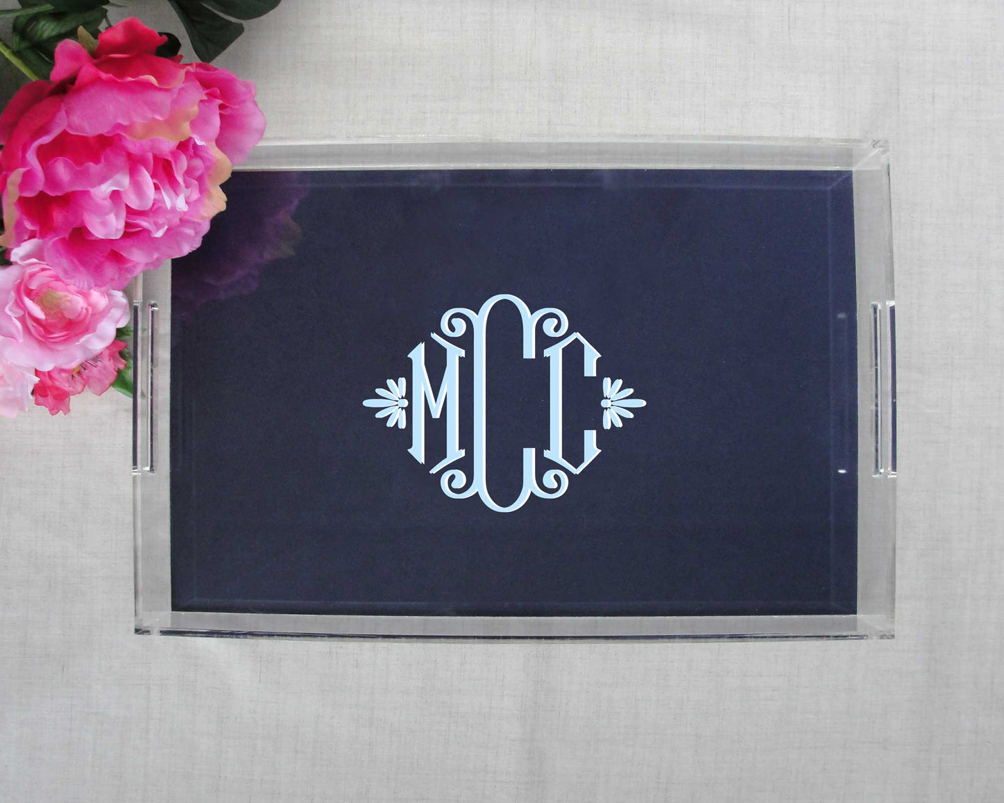 elegant three initial monogram, large acrylic tray, monogram lucite tray, meredith collie paper