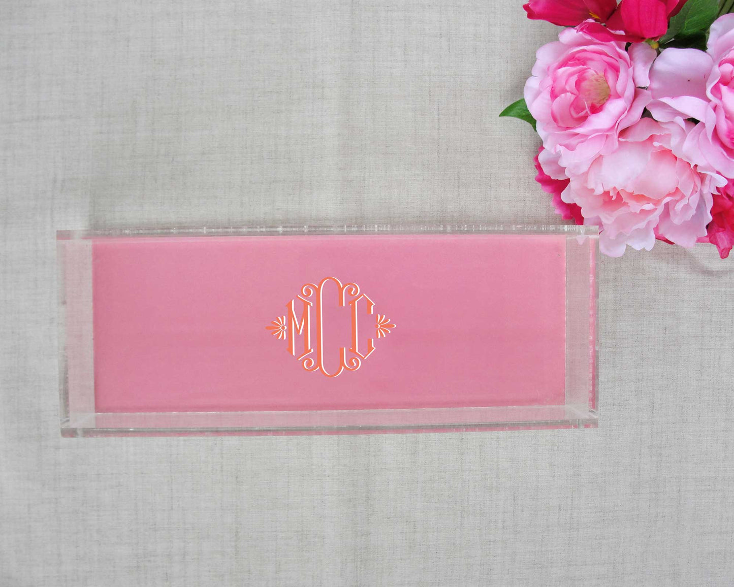 elegant three initial monogram, monogram lucite tray, acrylic decorative tray, meredith collie paper