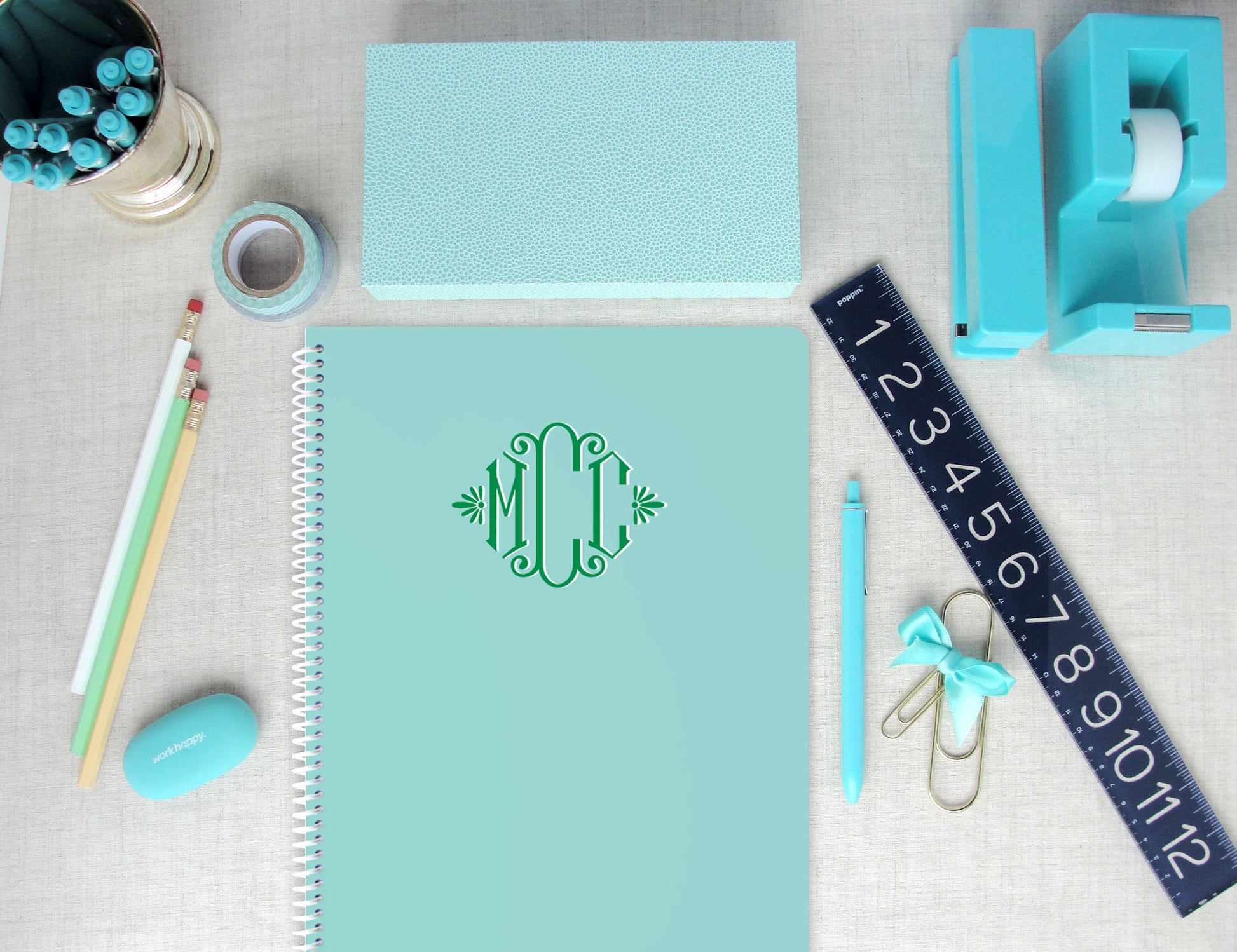 feminine three initial monogram, multi colored monogram, personalized spiral notebook, sketchbook, meredith collie paper