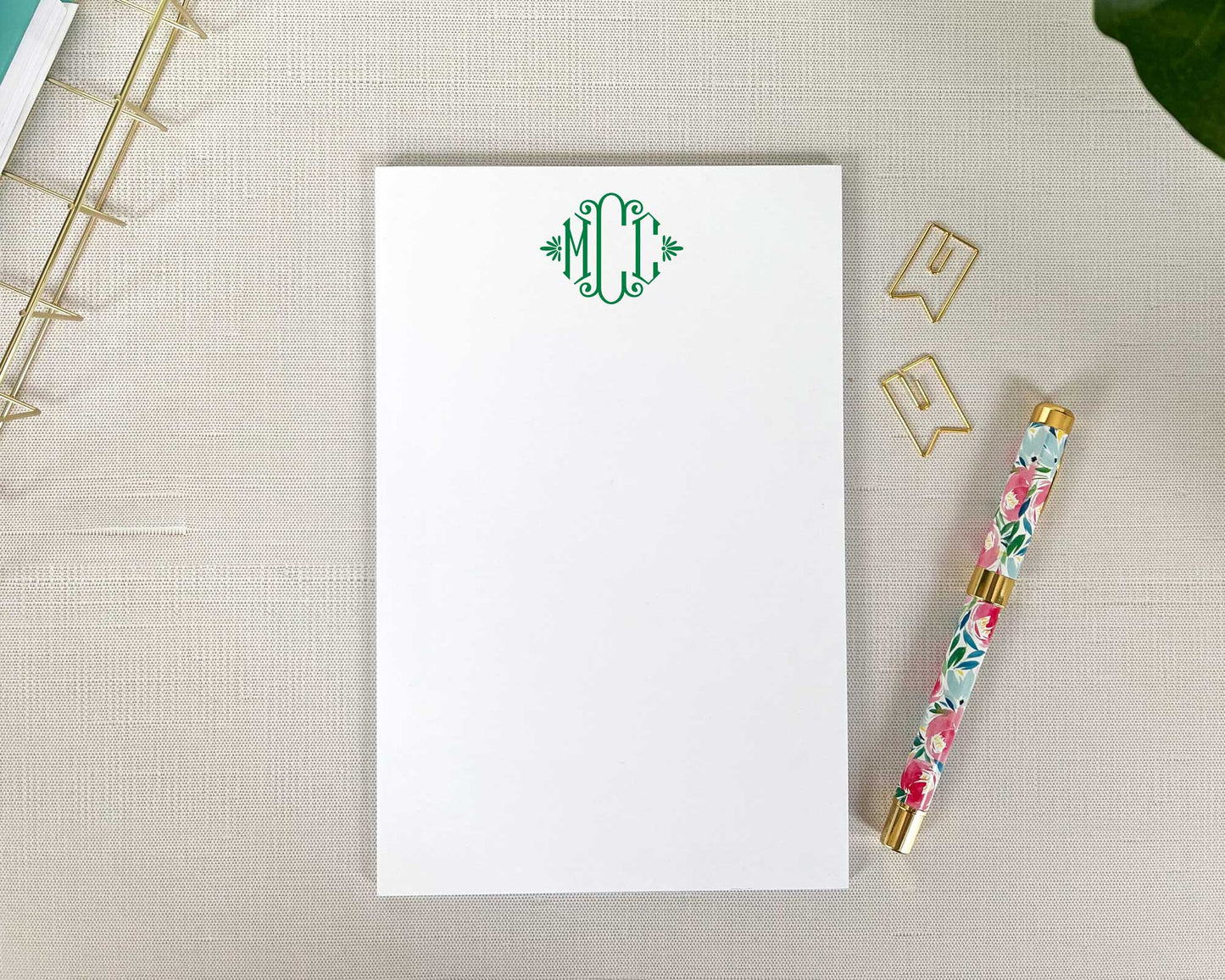 elegant three initial monogram, medium notepad, meredith collie paper