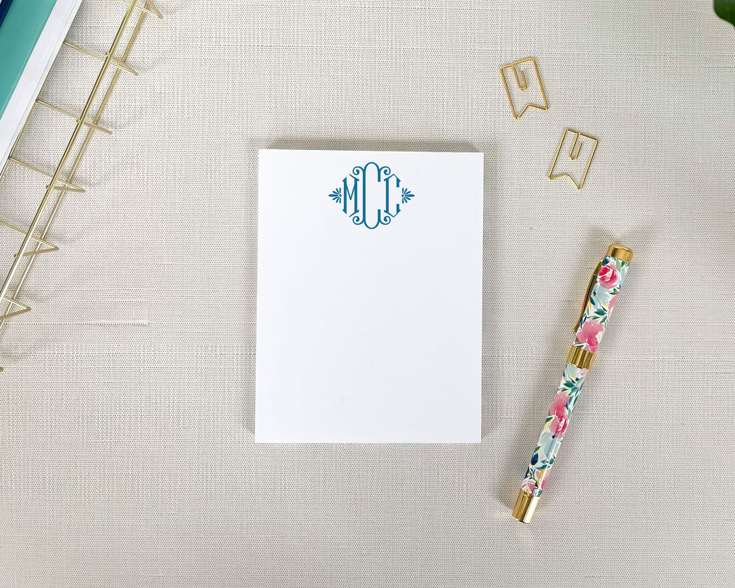 elegant three initial monogram, small notepad, meredith collie paper