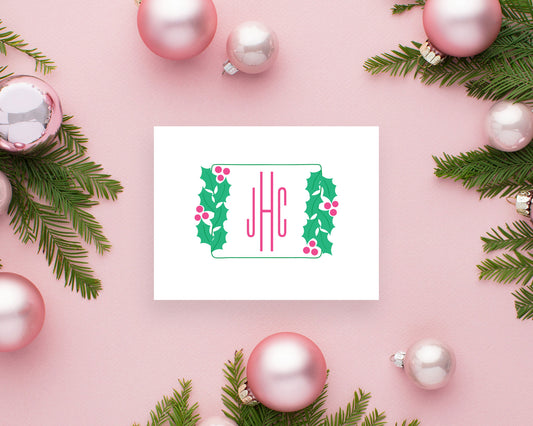 Square Holly Branch Holiday Monogram Folded Stationery