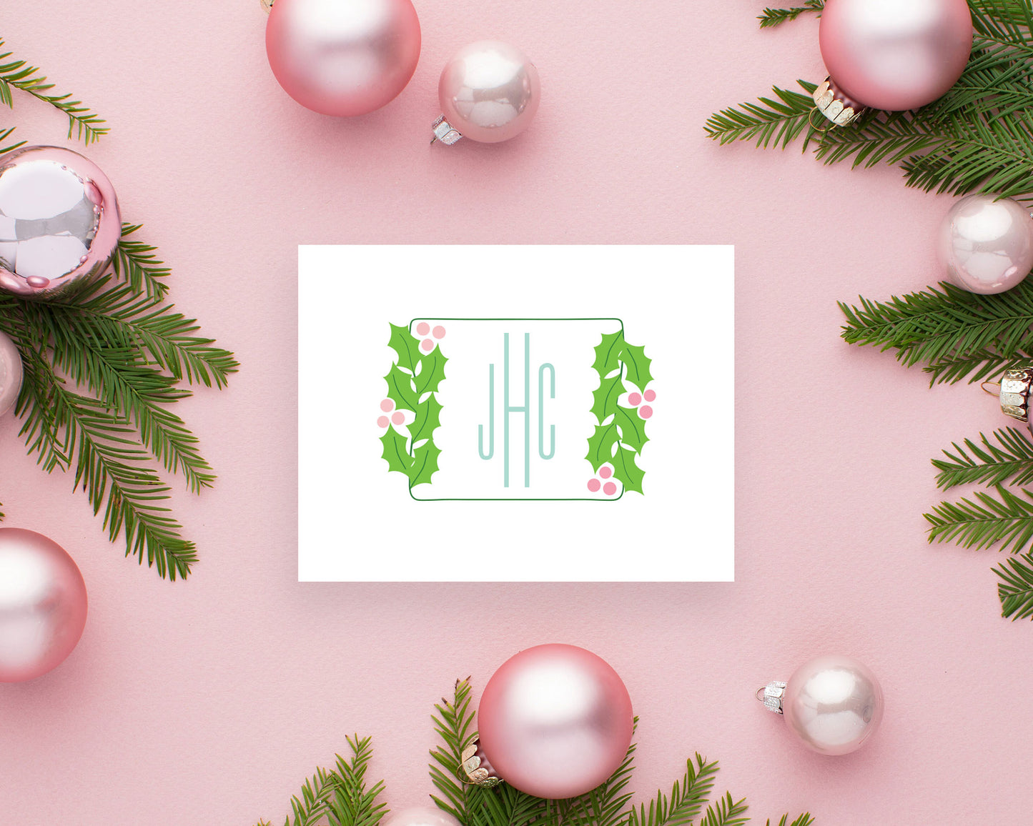 Square Holly Branch Holiday Monogram Folded Stationery