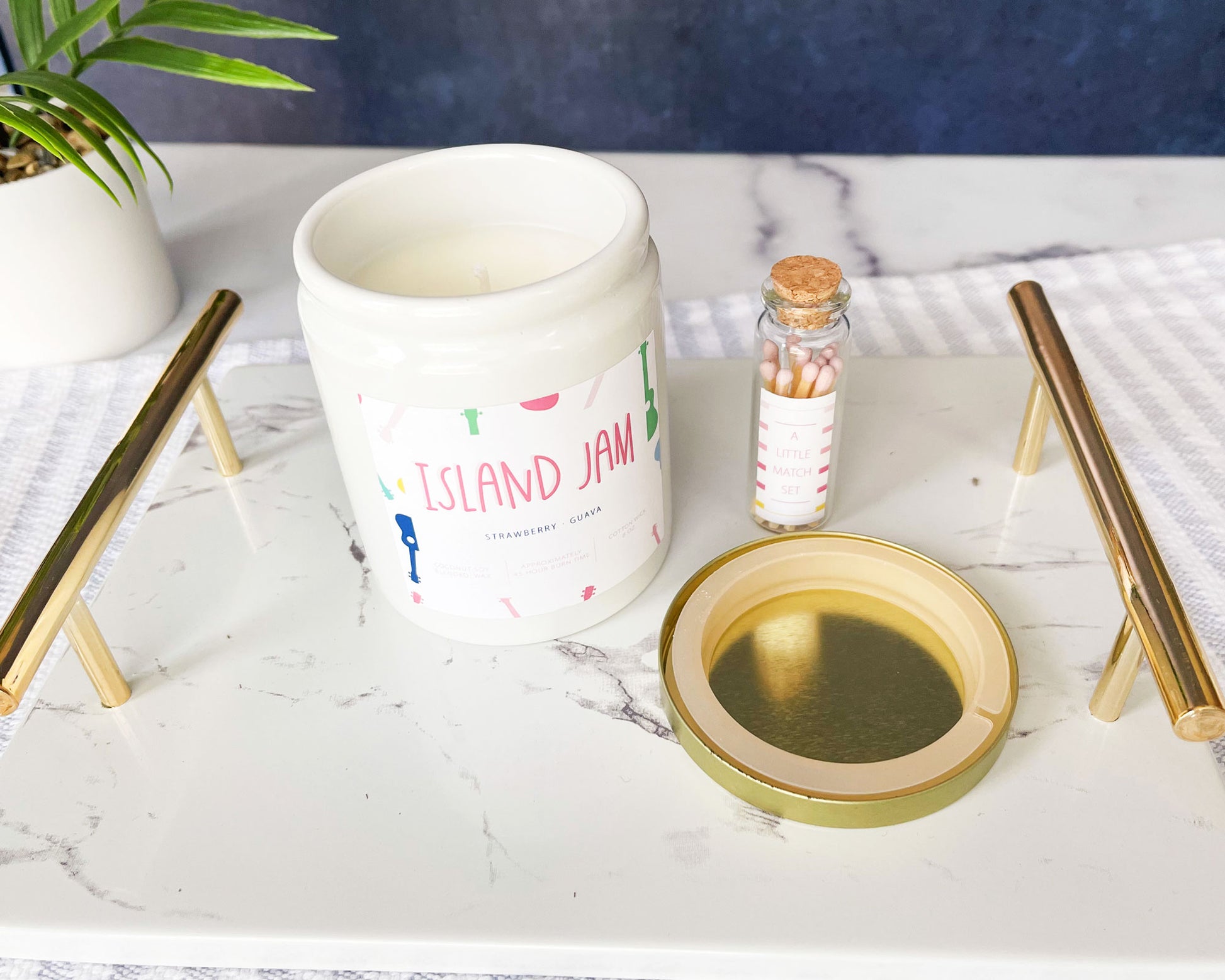 island jam candle, soy wax candle, cotton wick, a little match set with pink tips, candle match gift set, Meredith Collie paper