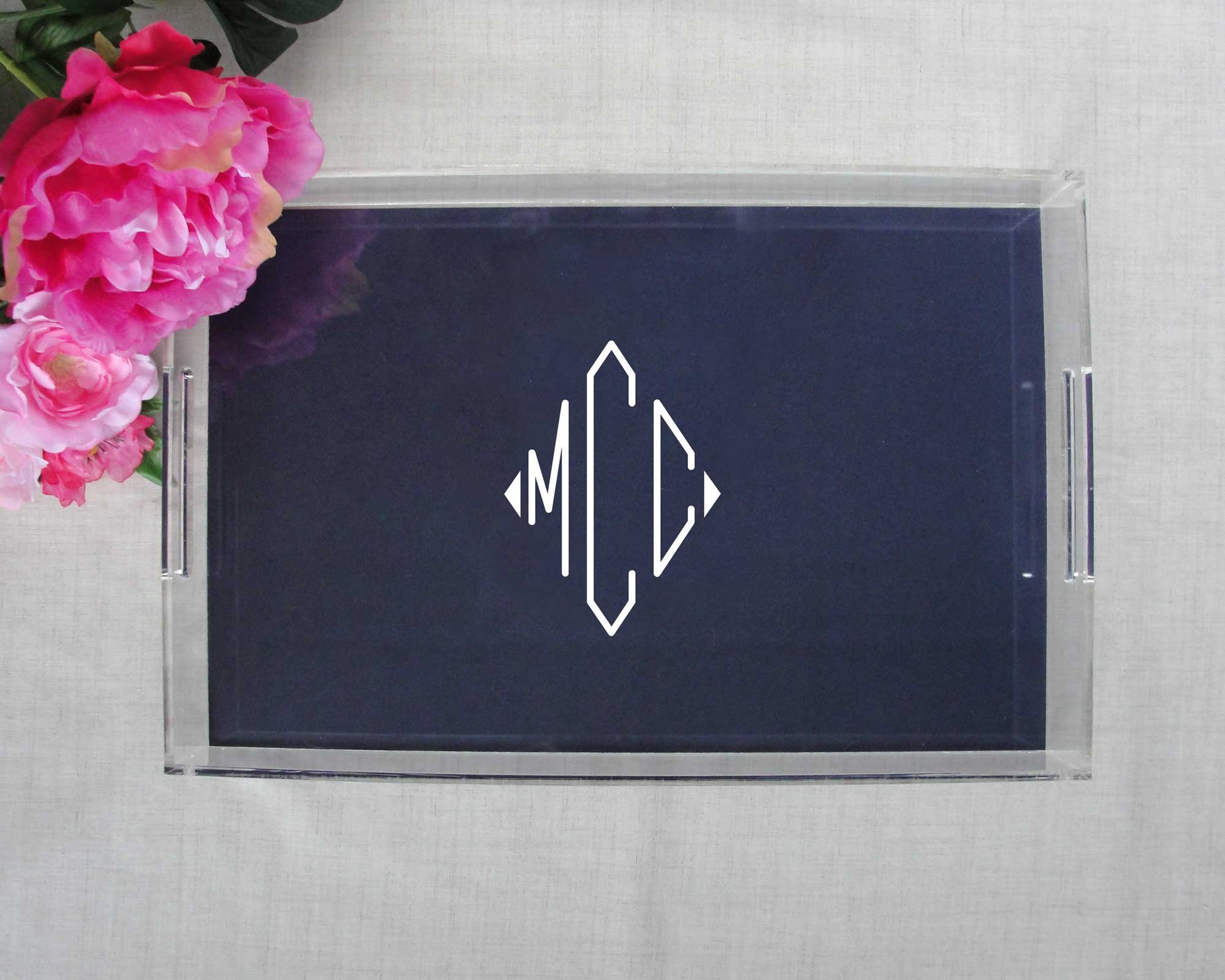 large monogram lucite tray, 17 inches by 11 inches by 3 inches with handles, meredith collie paper