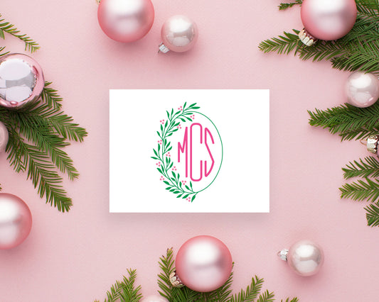 Oval Christmas Leaf Holiday Monogram Folded Stationery
