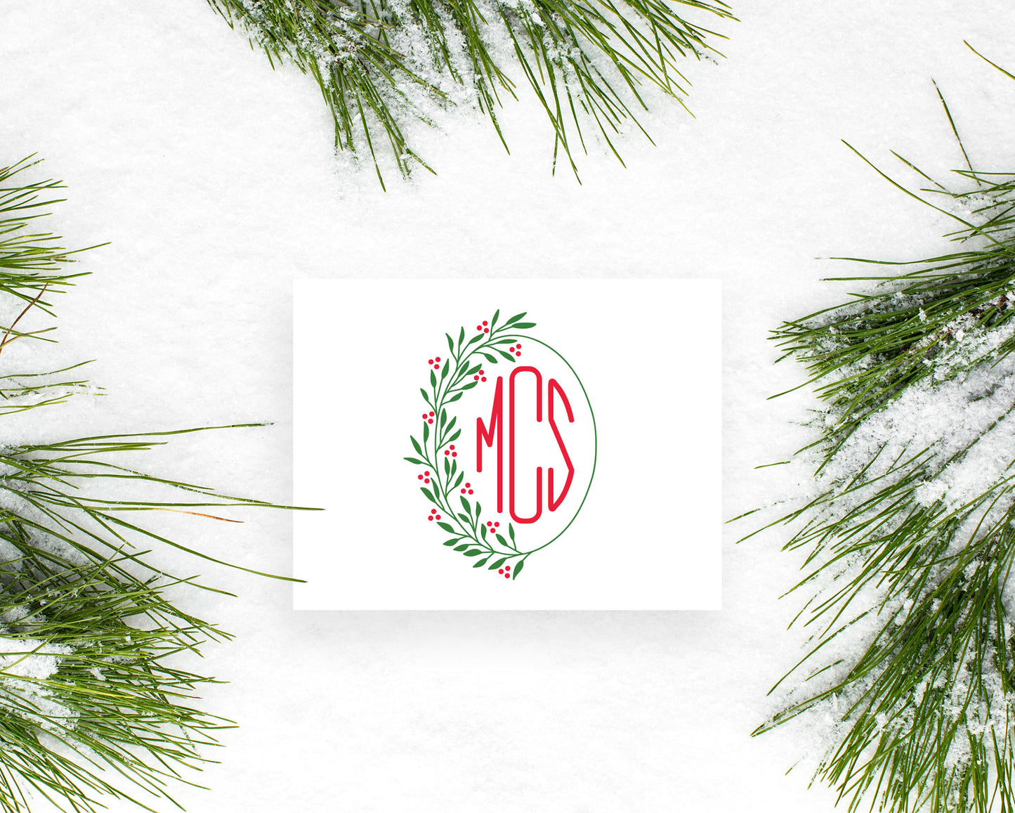 Oval Christmas Leaf Holiday Monogram Folded Stationery