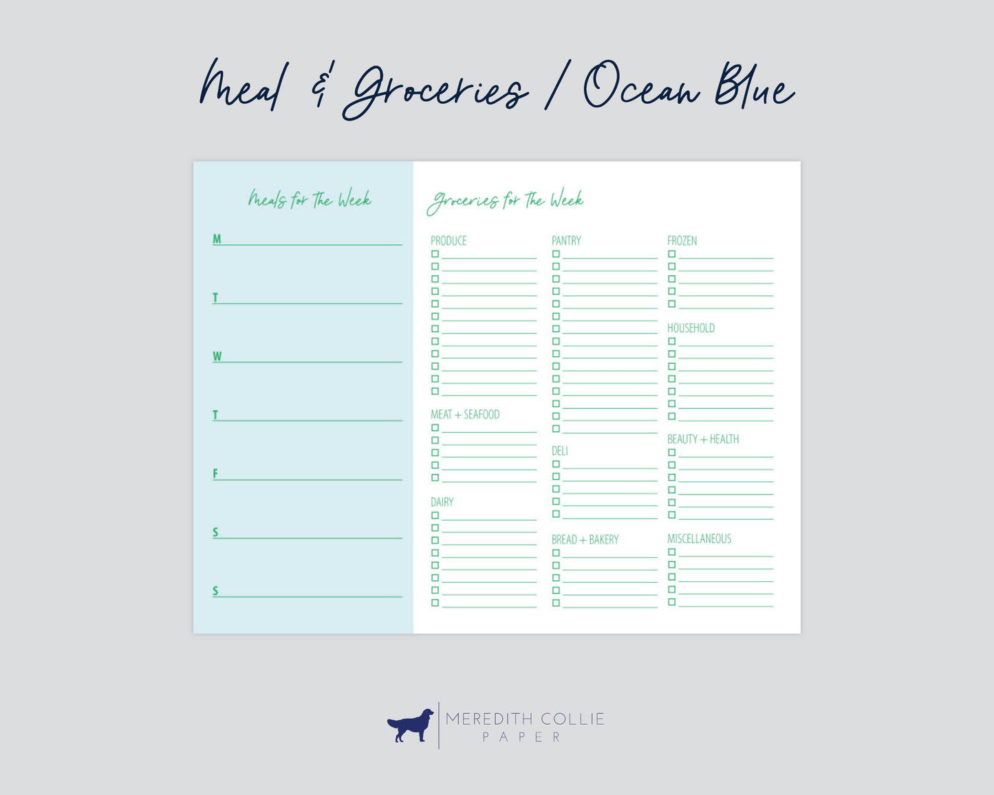 meals and groceries planner notepad mock up, ocean blue, Meredith Collie paper