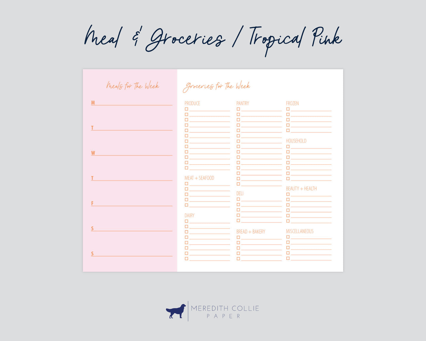 meals and groceries for the week planner, tropical pink, Meredith Collie paper