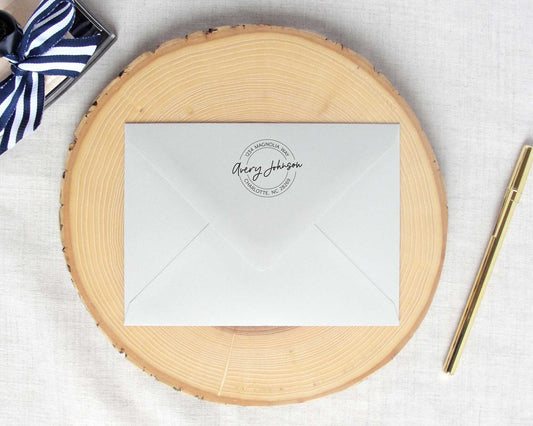 Modern Handwriting Round Return Address Stamp