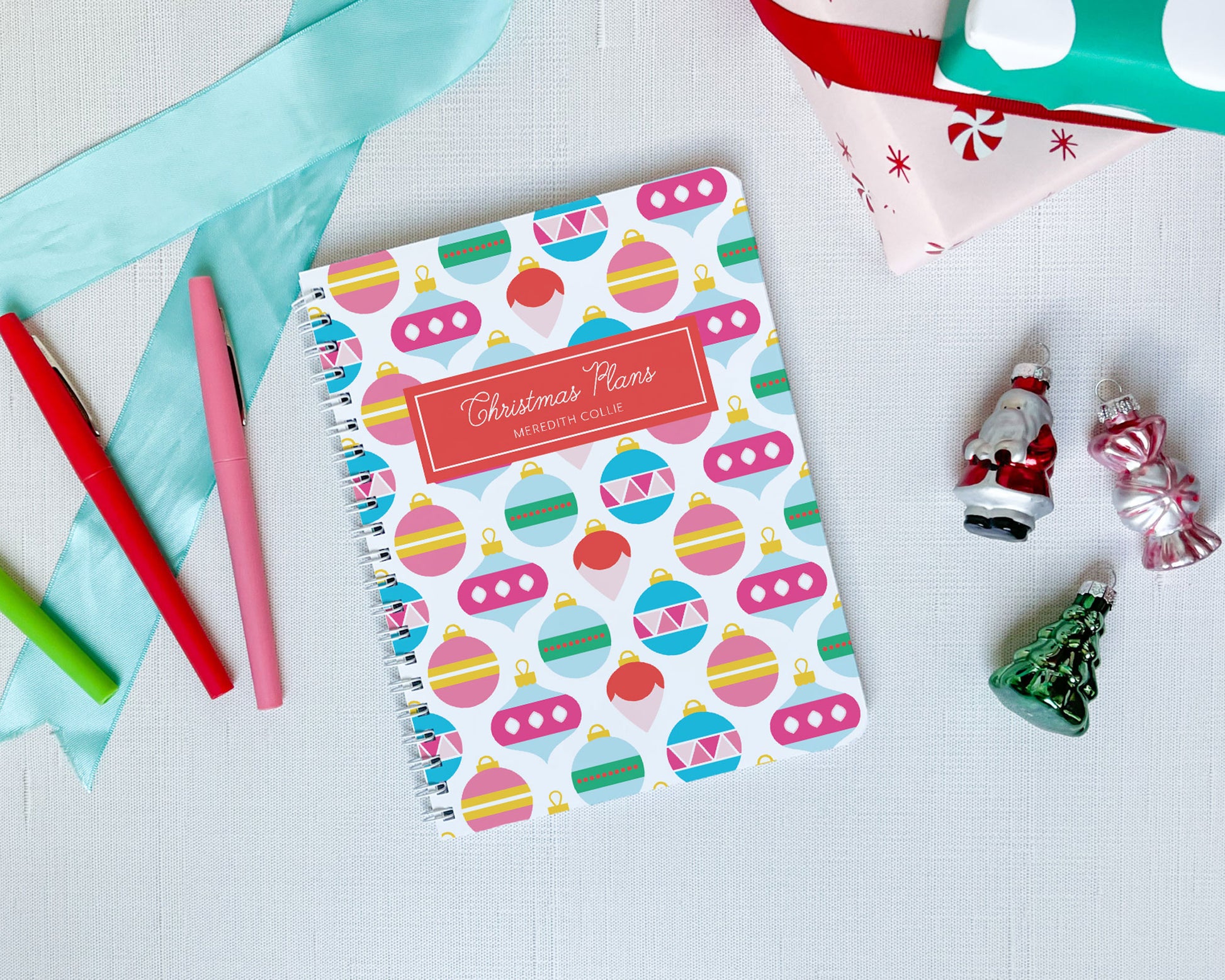 vintage ornament pattern, christmas planner, personalized spiral notebook, preppy christmas, meredith collie paper