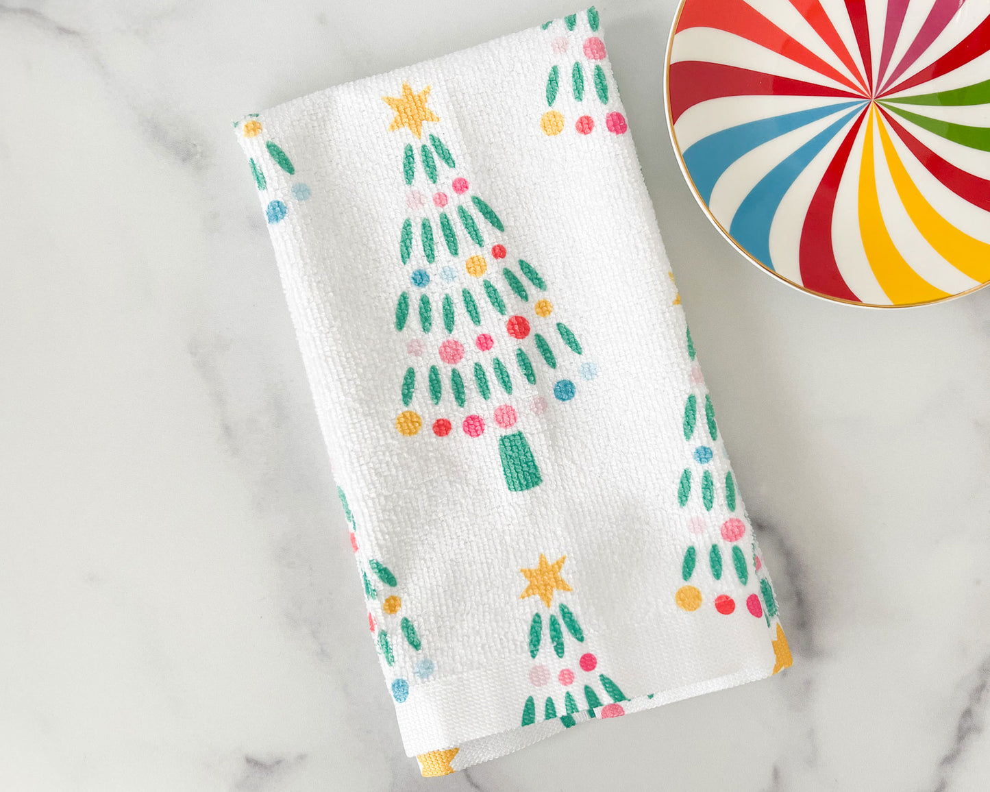 modern christmas tree with rainbow lights, holiday hand towel, whimsical christmas decor, meredith collie paper