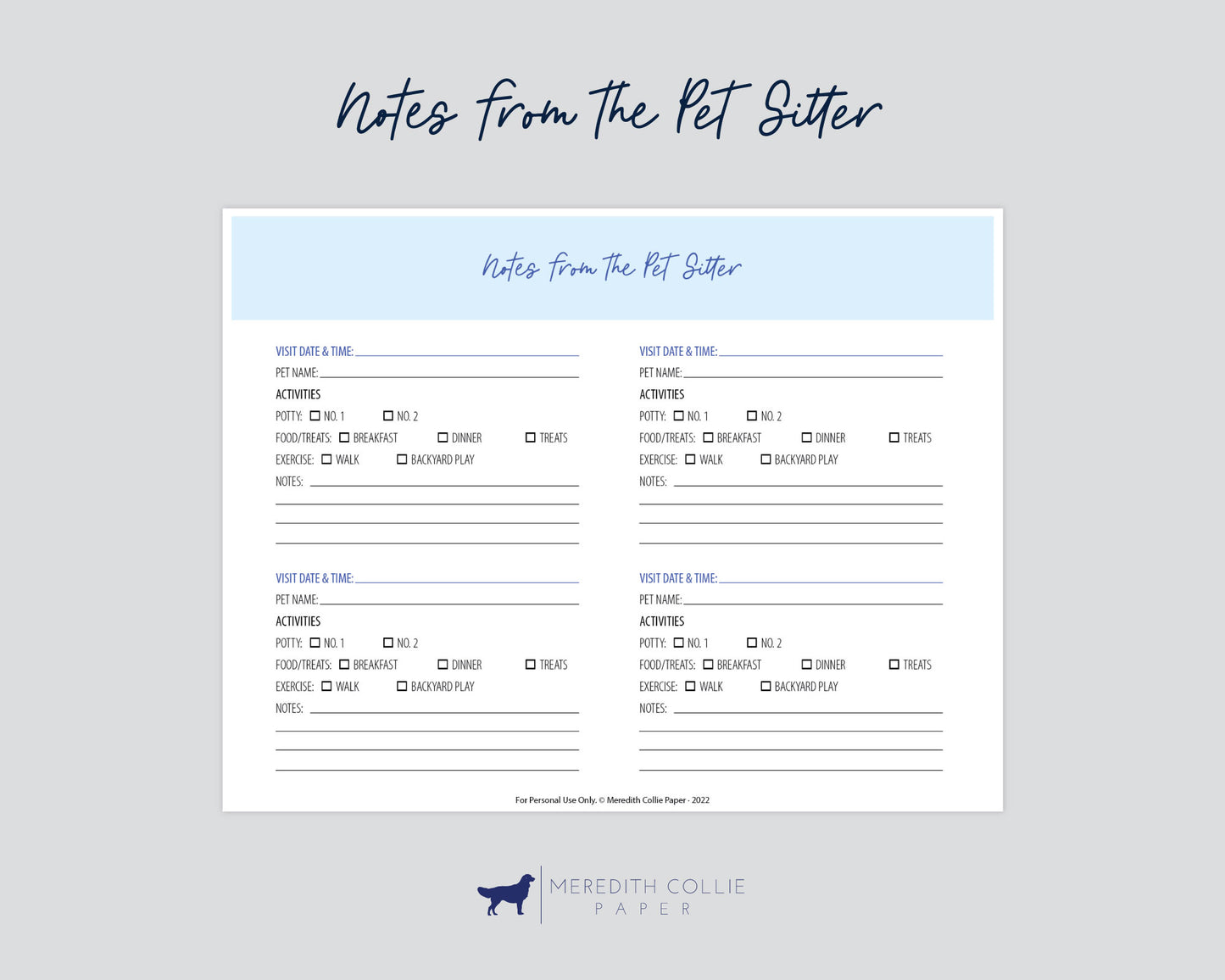 notes from the pet sitter, digital download, Meredith Collie paper