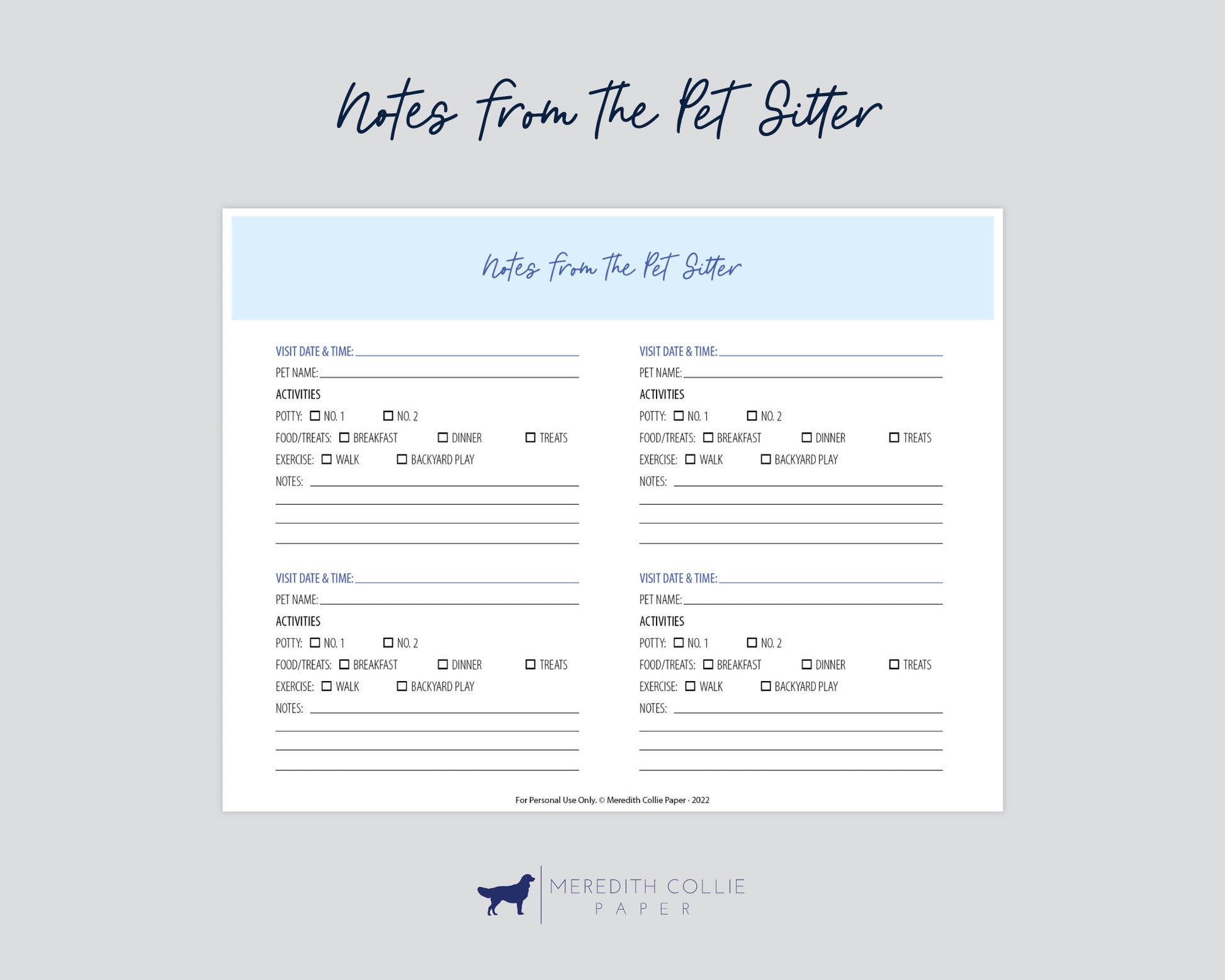 notes from the pet sitter, digital download, Meredith Collie paper