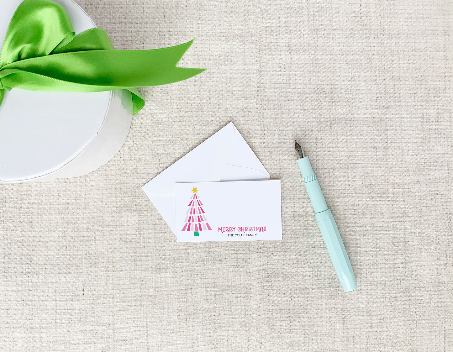 peppermint tree personalized christmas enclosure cards, meredith collie paper, christmas stationery, pink striped christmas tree