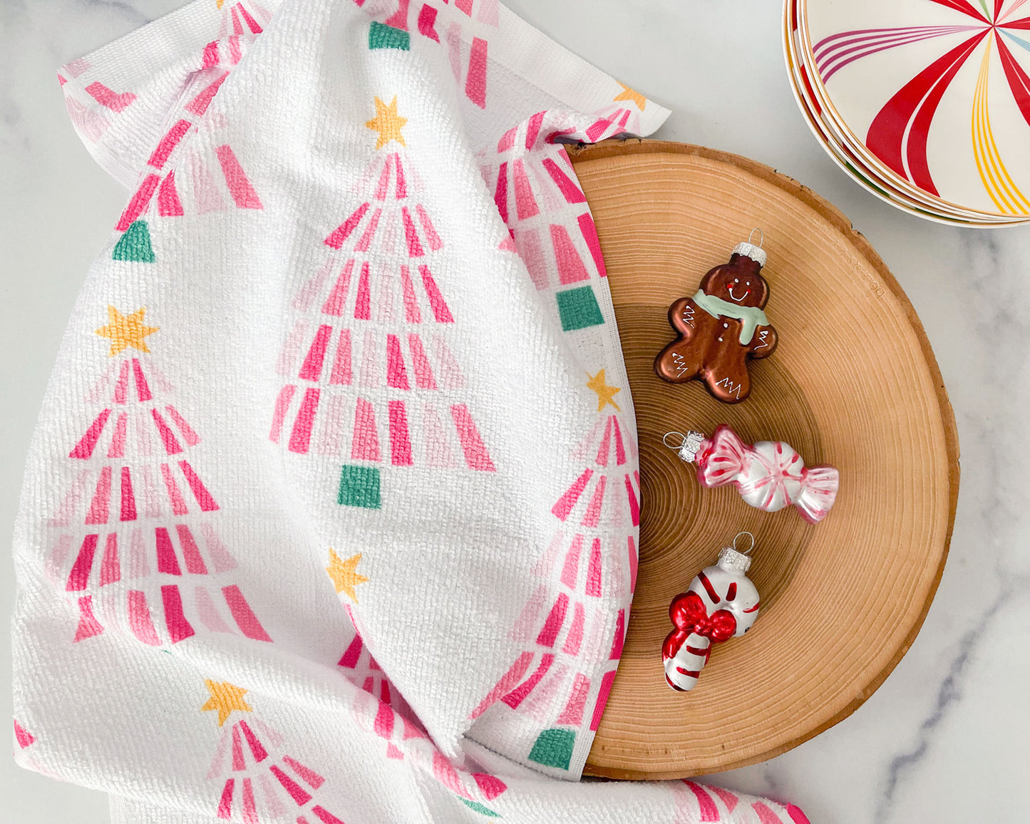 whimsical peppermint christmas tree, pink christmas tree, meredith collie paper, holiday hand towel