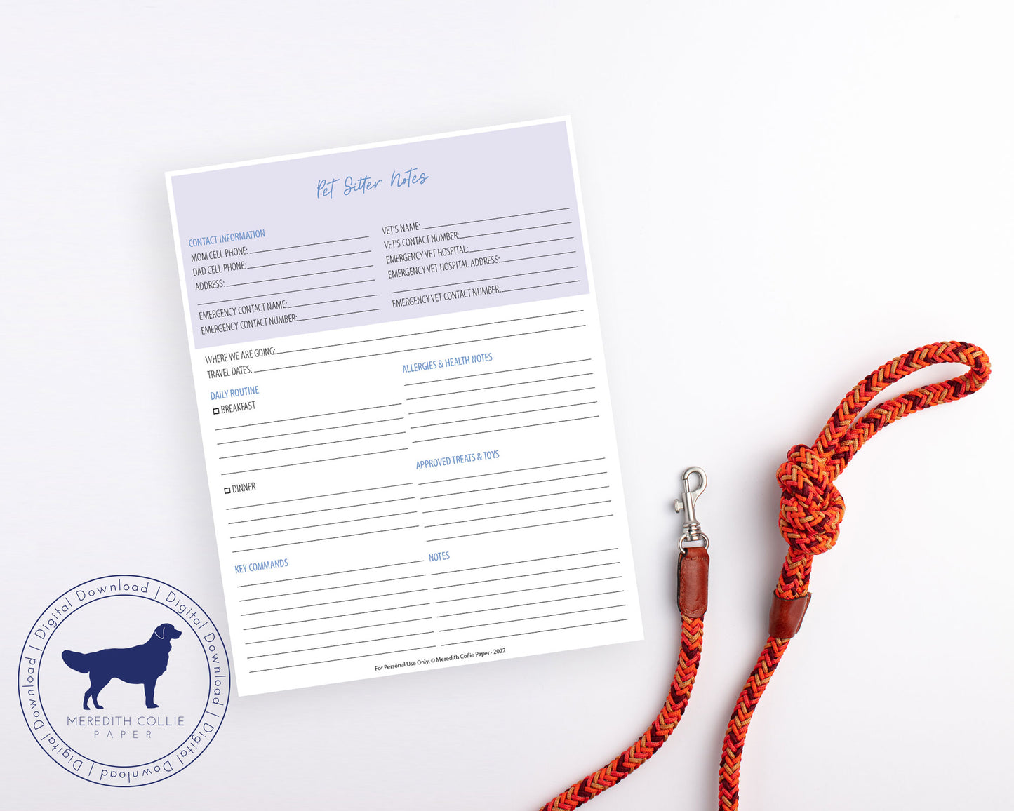 pet sitter notes digital download, Meredith Collie paper